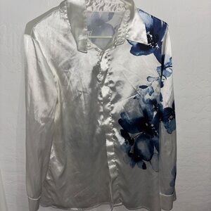 Floral Satin Blouse with Blue Accents